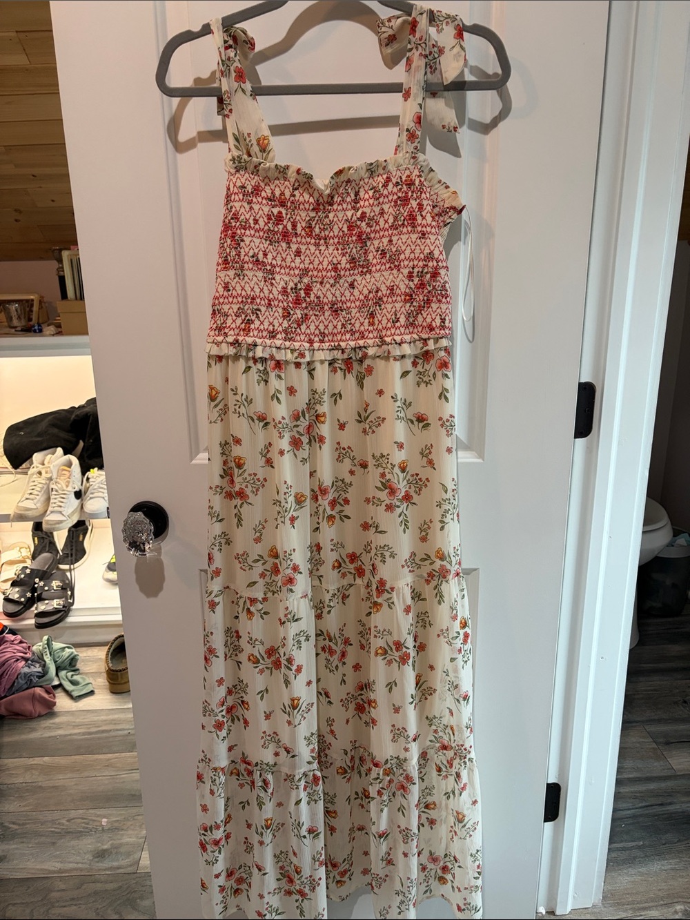 LC Lauren Conrad Cream Maxi Dress with Red Smocked Bodice and Floral Print